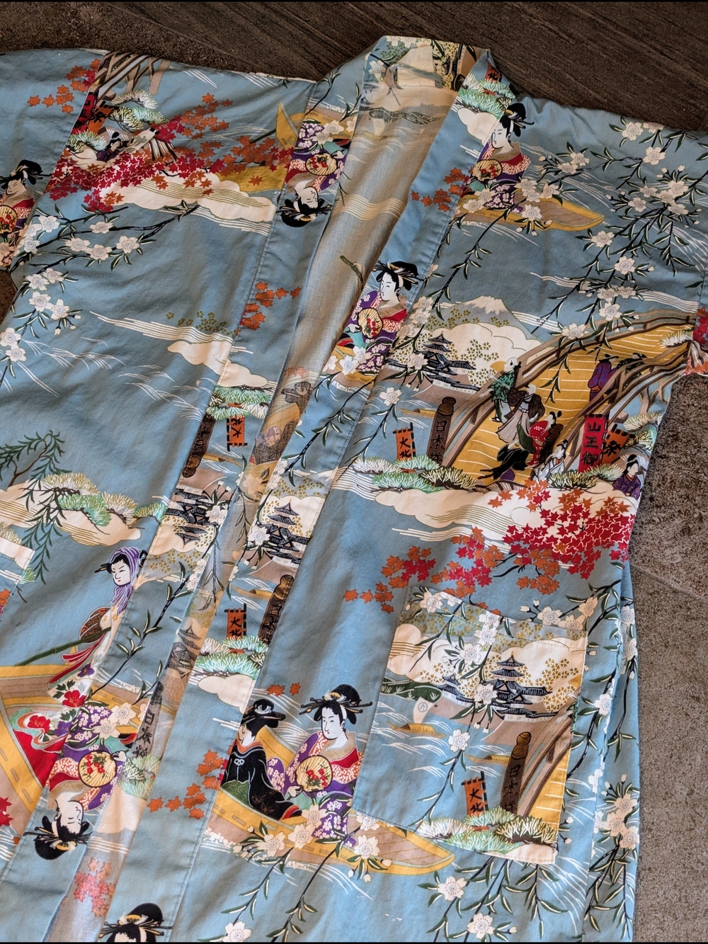 Light Blue Satin Kimono Robe with Japanese-Inspired Print